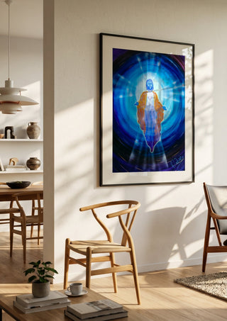 Jesus by Walter Zettl in a black frame in a bright dining room with wooden chairs