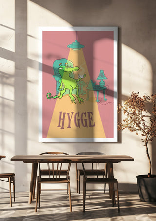 Hygge Crocodile by Elisa Albanelli hanging above a wooden dining table in warm sunlight