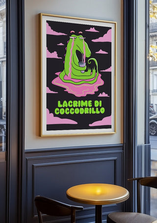 Crocodile Tears by Elisa Albanelli in an oak frame on a panelled café wall