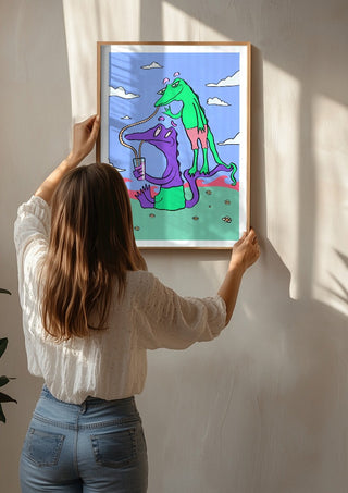 Crocodiles Friends by Elisa Albanelli being hung on a sunlit wall