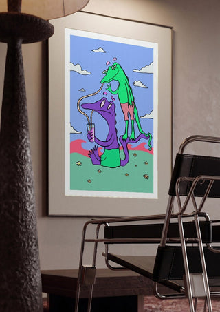 Crocodiles Friends by Elisa Albanelli framed in a dim room beside a tubular steel chair