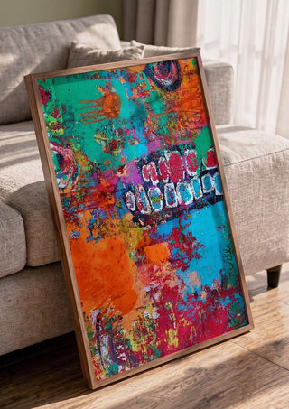 art against the maschine by hazelart in a walnut frame leaning against a grey sofa