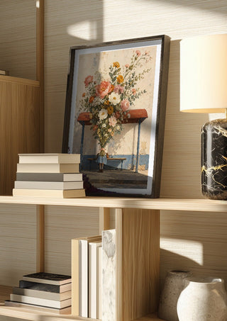 Spring Missed the Bus by Matthews Gallerie in a dark frame on a wooden shelf beside books and a lamp