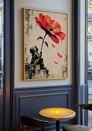 Under a Scarlet Bloom by Matthews Gallerie in an oak frame on a panelled café wall