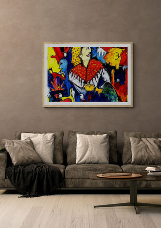 Todos Comem, Todos Gostam by Corre-Pé in a light oak frame on a warm grey wall above a brown sofa