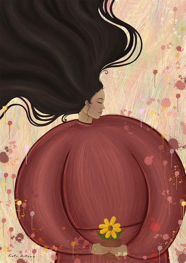 Illustration of a woman in a flowing red dress holding a yellow flower, art by Kate Aitana for Where the Flower Goes.