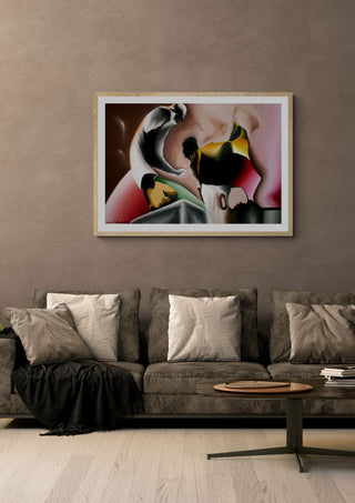 Assalto Fantasma by Luis Valquaresma in a light oak frame on a warm grey wall above a brown sofa