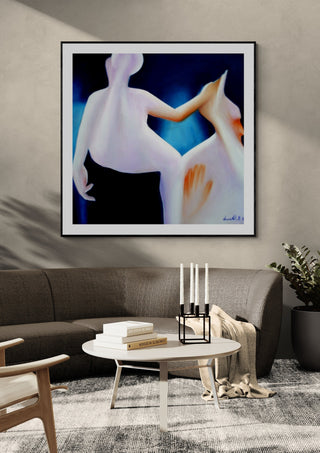 Contact #3 by Luis Valquaresma in a black frame on a grey wall above a dark sofa with candlesticks