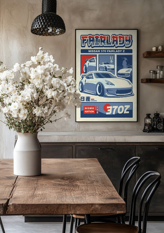 Nissan 370Z by Kaminarirace in a black frame above a rustic table with white flowers