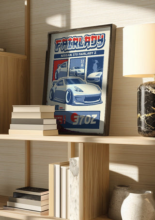 Nissan 370Z by Kaminarirace in a dark frame on a wooden shelf beside books and a lamp