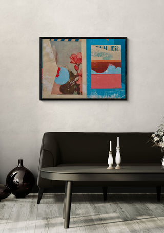 Pink Rose by Kareem Rizk in a black frame on a pale wall above a dark sofa with candlesticks