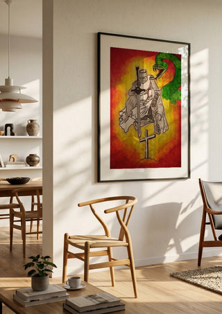Sieg im Licht by Olaf Baier in a black frame in a bright dining room with wooden chairs