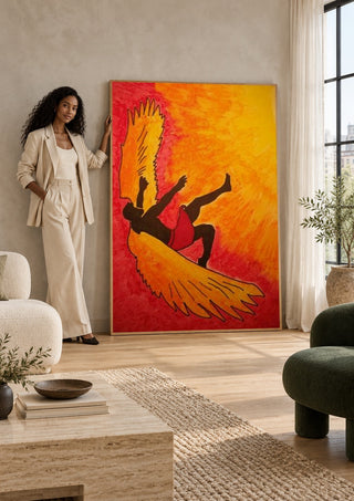 Manie oder der Flug des Ikarus by Olaf Baier in a large pale frame leaning against a wall by a sunlit window