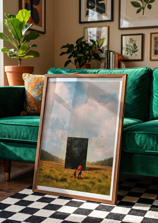 Son, this is the Universe by Fran Rodriguez in a wooden frame leaning against a green velvet sofa on a chequered floor