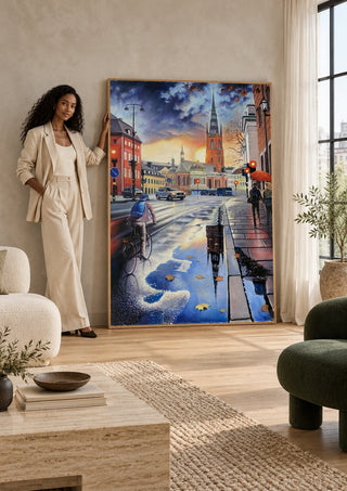 Stockholms promenad by Ramz Gadzh in a large pale frame leaning against a wall by a sunlit window
