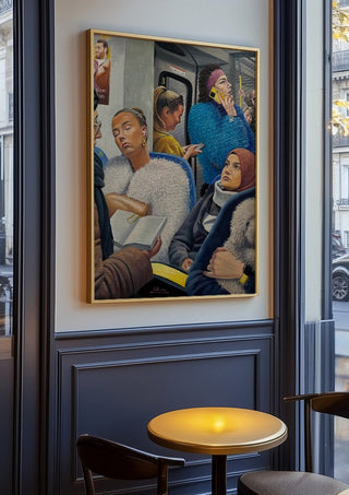 På ett vinterkvällståg… by Ramz Gadzh in an oak frame on a panelled café wall