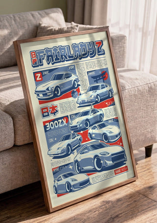 Nissan Fairlady Z Series by Kaminarirace in a walnut frame leaning against a grey sofa