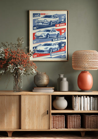 Toyota 86 Trilogy by Kaminarirace above a wooden sideboard on a sage green wall