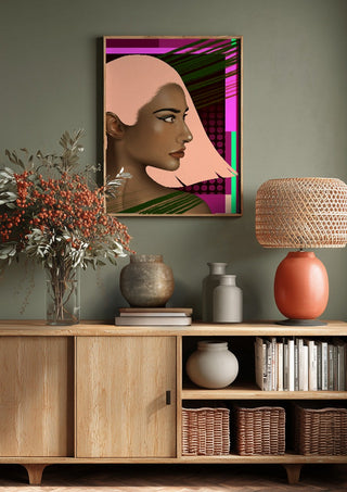 Electric Profile by Sabrina Rosenblatt above a wooden sideboard on a sage green wall