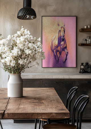 Wild by Sabrina Rosenblatt in a black frame above a rustic table with white flowers