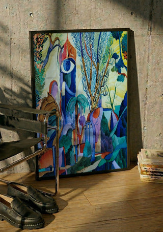 Otono by Carlos Enrique Gozalo Ara in a black frame leaning against a concrete wall by a steel chair