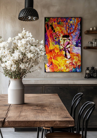 Diana by Carlos Enrique Gozalo Ara in a black frame above a rustic table with white flowers