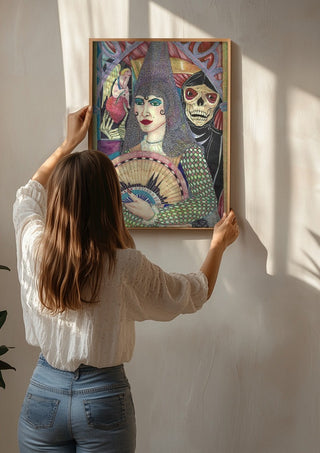 Mujer y muerte by Carlos Enrique Gozalo Ara being hung on a sunlit wall