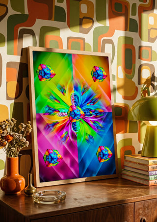 Game of Dice - Dreams Come True by Walter Zettl in a wooden frame on a sideboard against a retro patterned wall