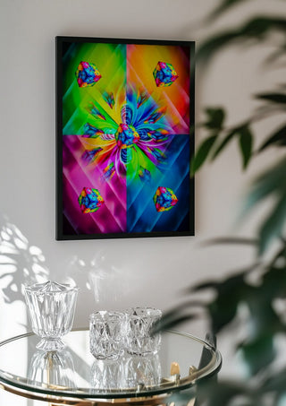 Game of Dice - Dreams Come True by Walter Zettl in a black frame above a glass table with crystal glassware