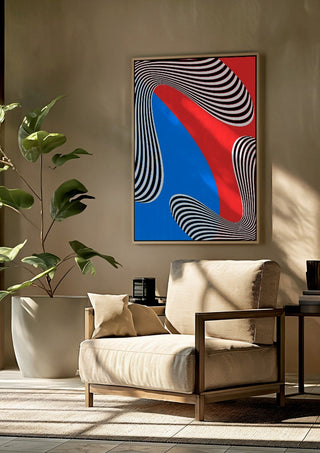 Stripes by Aleksi Allan framed above a beige armchair beside a potted plant