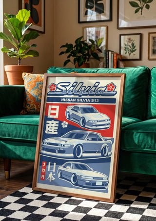 Nissan Silvia S13 by Kaminarirace in a wooden frame leaning against a green velvet sofa on a chequered floor