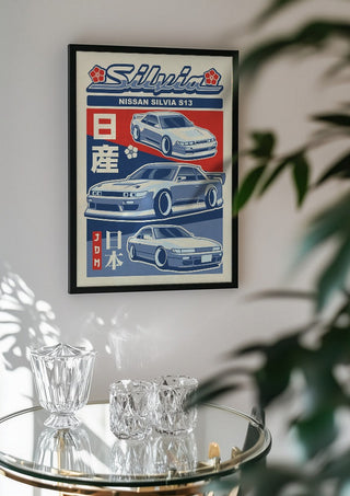 Nissan Silvia S13 by Kaminarirace in a black frame above a glass table with crystal glassware