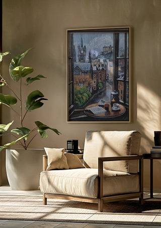 Rainy day by Dina framed above a beige armchair beside a potted plant