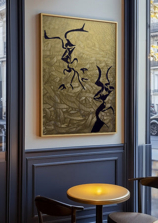 Whispers in Gold by Bibi in an oak frame on a panelled café wall