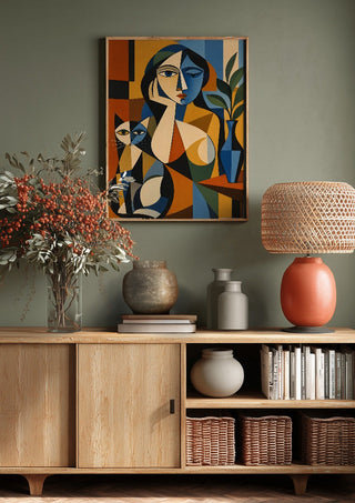 Cubist Woman with Cat and Vase by TimlessArtworks above a wooden sideboard on a sage green wall