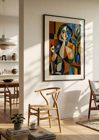 Cubist Woman with Cat and Vase by TimlessArtworks in a black frame in a bright dining room with wooden chairs