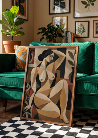 Cubist Nude Figure by TimlessArtworks in a wooden frame beside a green velvet sofa on a chequered floor