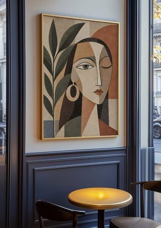 Cubist Woman Portrait with Plant by TimlessArtworks in an oak frame on a panelled cafe wall