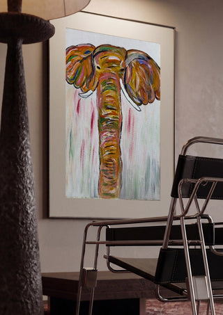 Chromatic Matriarch by Bibi framed in a dim room beside a tubular steel chair