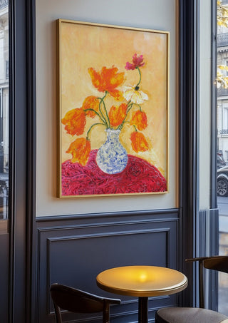 November Tulips by Deblina Dey in an oak frame on a panelled cafe wall