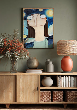 Reklamation Sternenhimmel by lacaluna above a wooden sideboard on a sage green wall