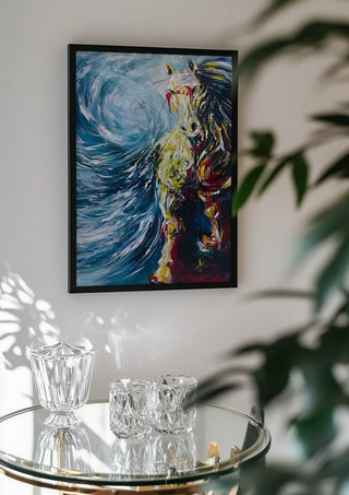 Undefined feeling by Tonia in a black frame above a glass table with crystal glassware