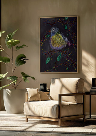 Digital Alchemy by Bibi framed above a beige armchair beside a potted plant