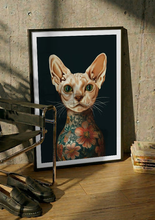 Tattooed Sphynx by Nari in a black frame leaning against a concrete wall by a steel chair