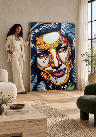 Lauren Bacall by Okiana leaning against a sunlit living room wall beside a woman