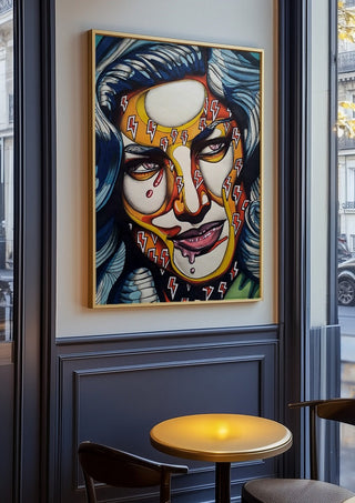 Lauren Bacall by Okiana in an oak frame on a panelled cafe wall