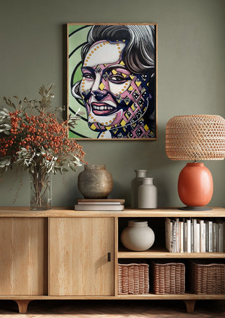 Vertigo by Okiana above a wooden sideboard on a sage green wall