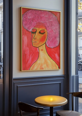 woman with a birthmark by Ian Frederick Harris in an oak frame on a panelled cafe wall