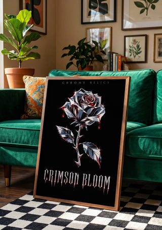 Crimson Bloom by Melancholy Machinations leaning against a green velvet sofa on a chequered floor