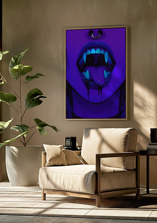 I dont bite. Much. by Melancholy Machinations framed above a beige armchair beside a potted plant